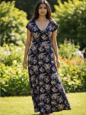 Pact Navy Cotton Floral Maxi Dress Open Cut-out Back & Cap Sleeves Large